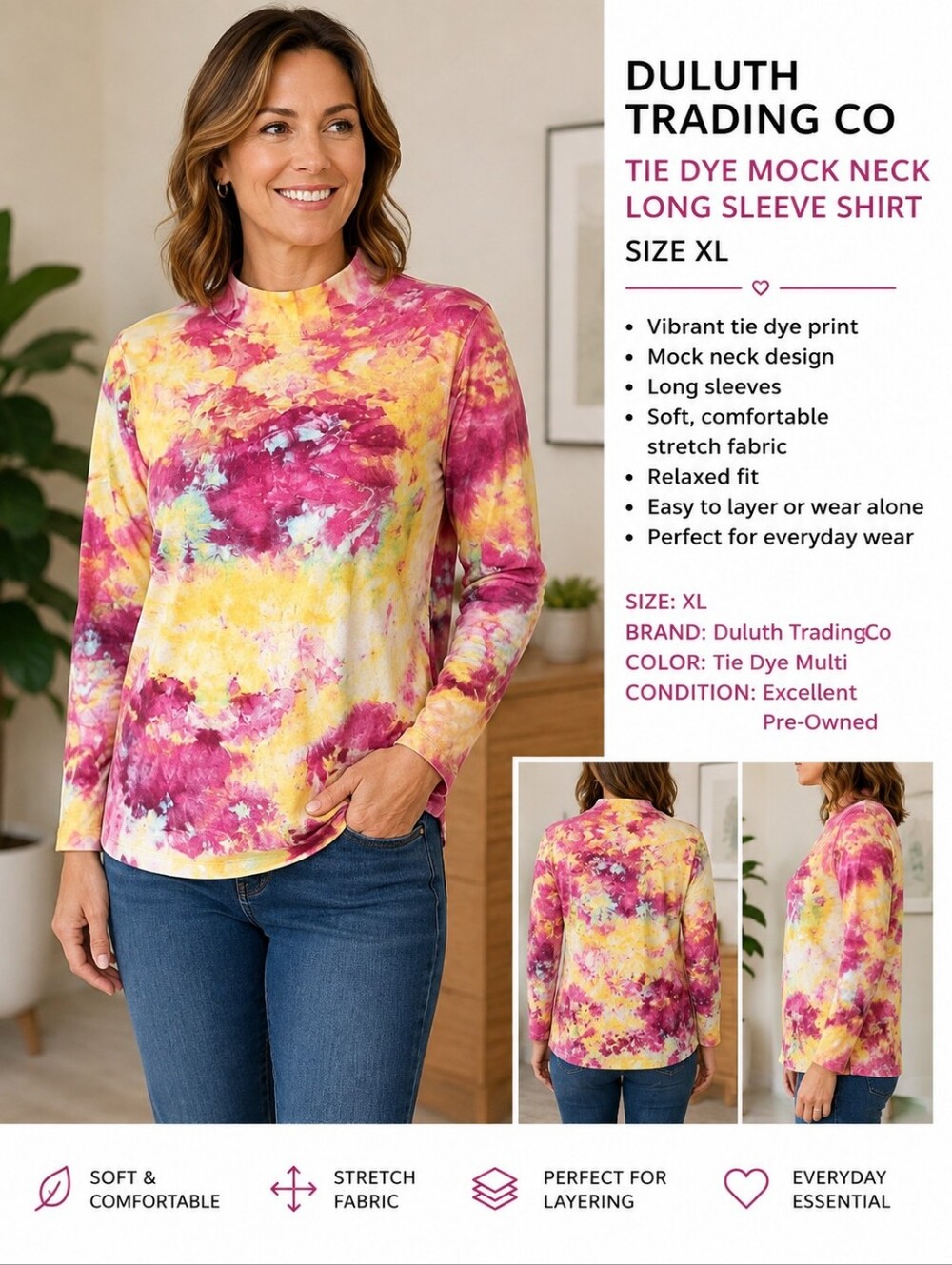Duluth Trading Co Tie Dye Mock Neck Long Sleeve Shirt Women’s XL